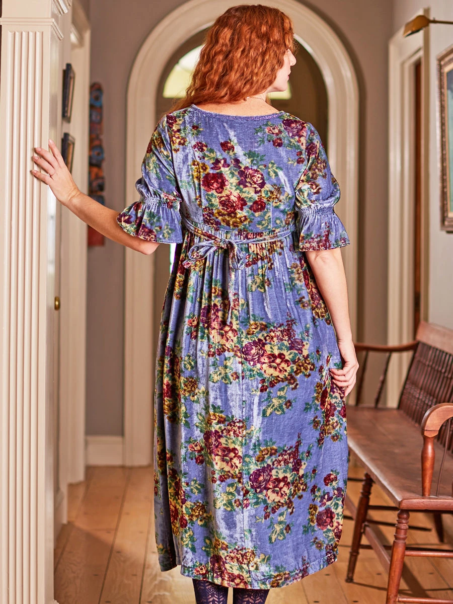 Claudette Floral Blue Velvet Dress For Women - Image 2