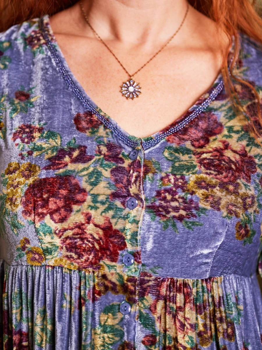 Claudette Floral Blue Velvet Dress For Women - Image 4