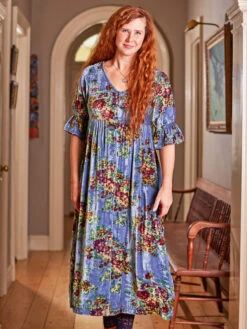 Claudette Floral Blue Velvet Dress For Women