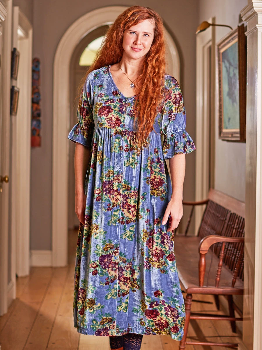 Claudette Floral Blue Velvet Dress For Women
