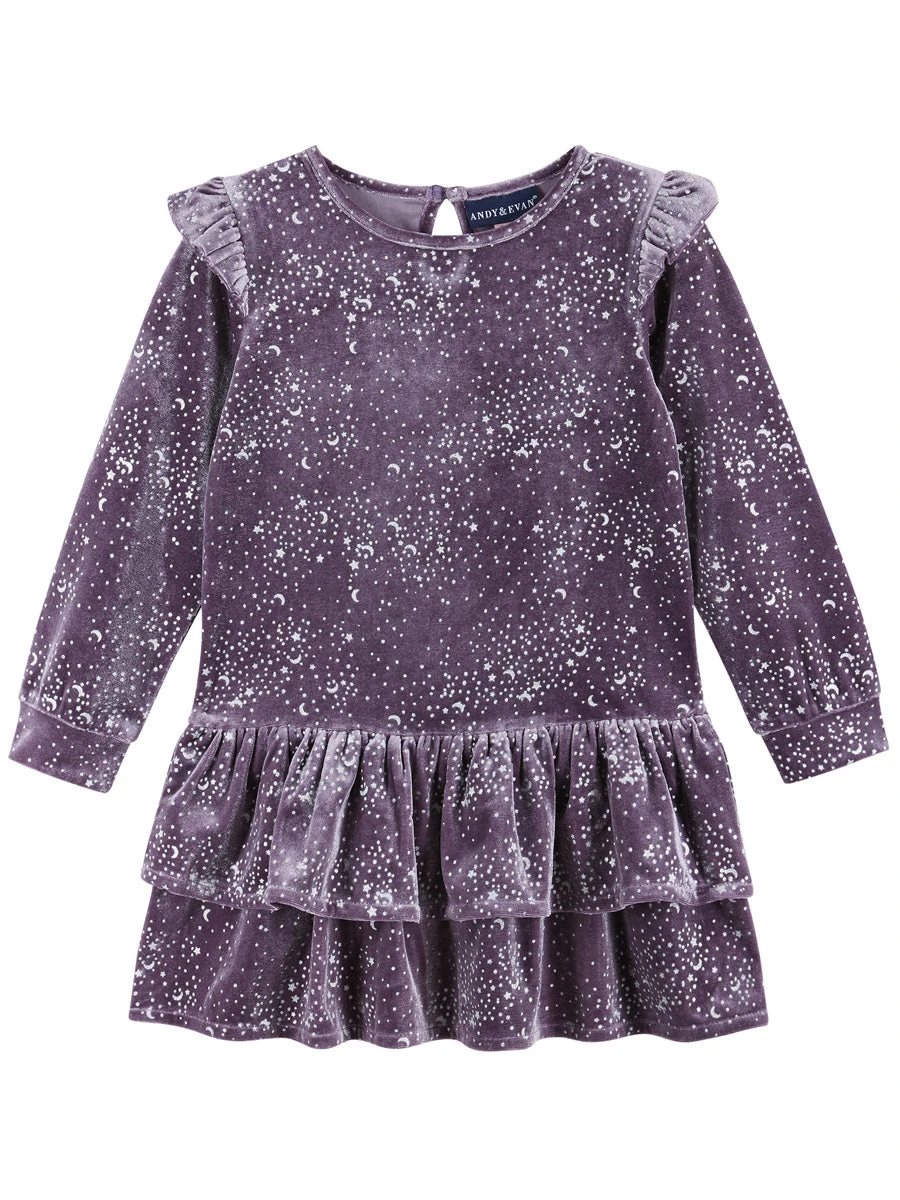 Girls Star Print Dropwaist Dress With Ruffle Skirt - Image 3