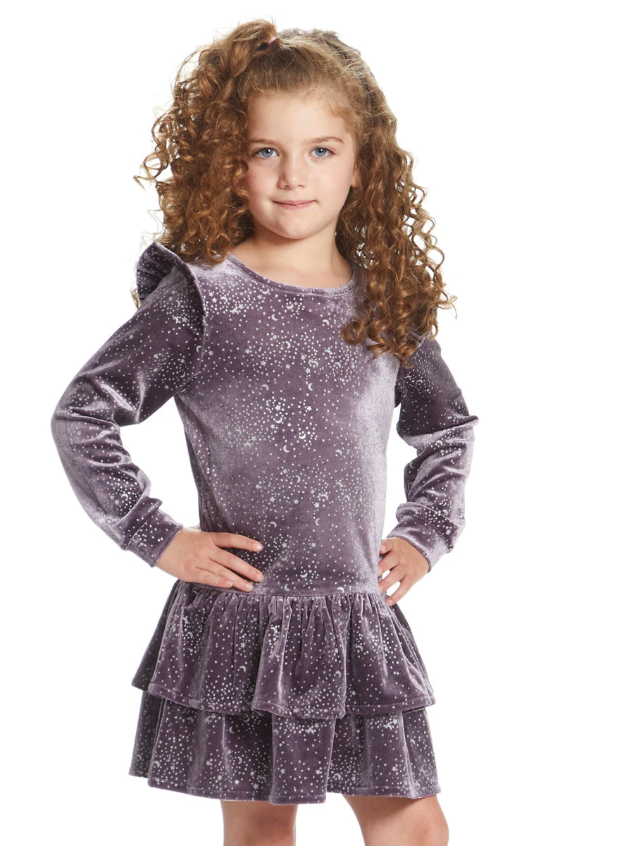 Girls Star Print Dropwaist Dress With Ruffle Skirt