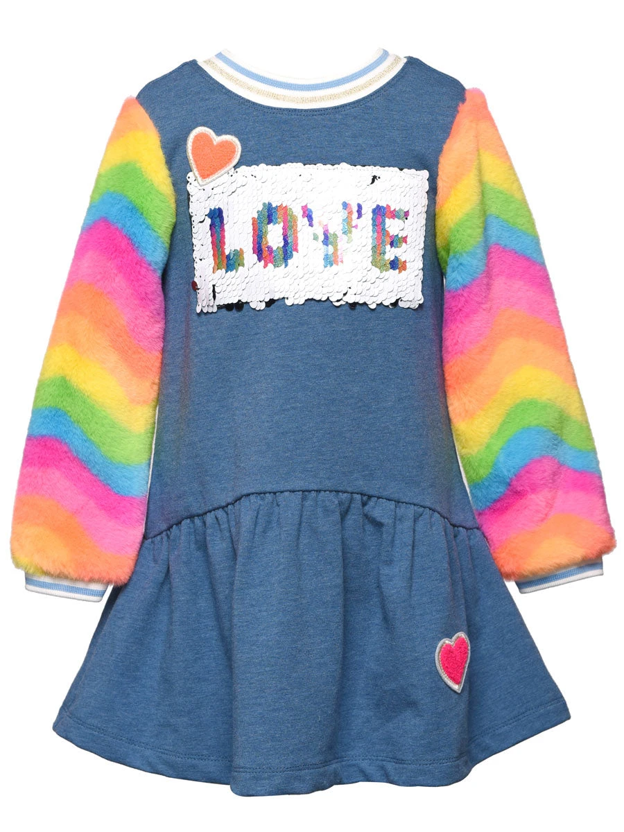Rainbow Faux Fur Sleeve Dress With Sequins - Image 2