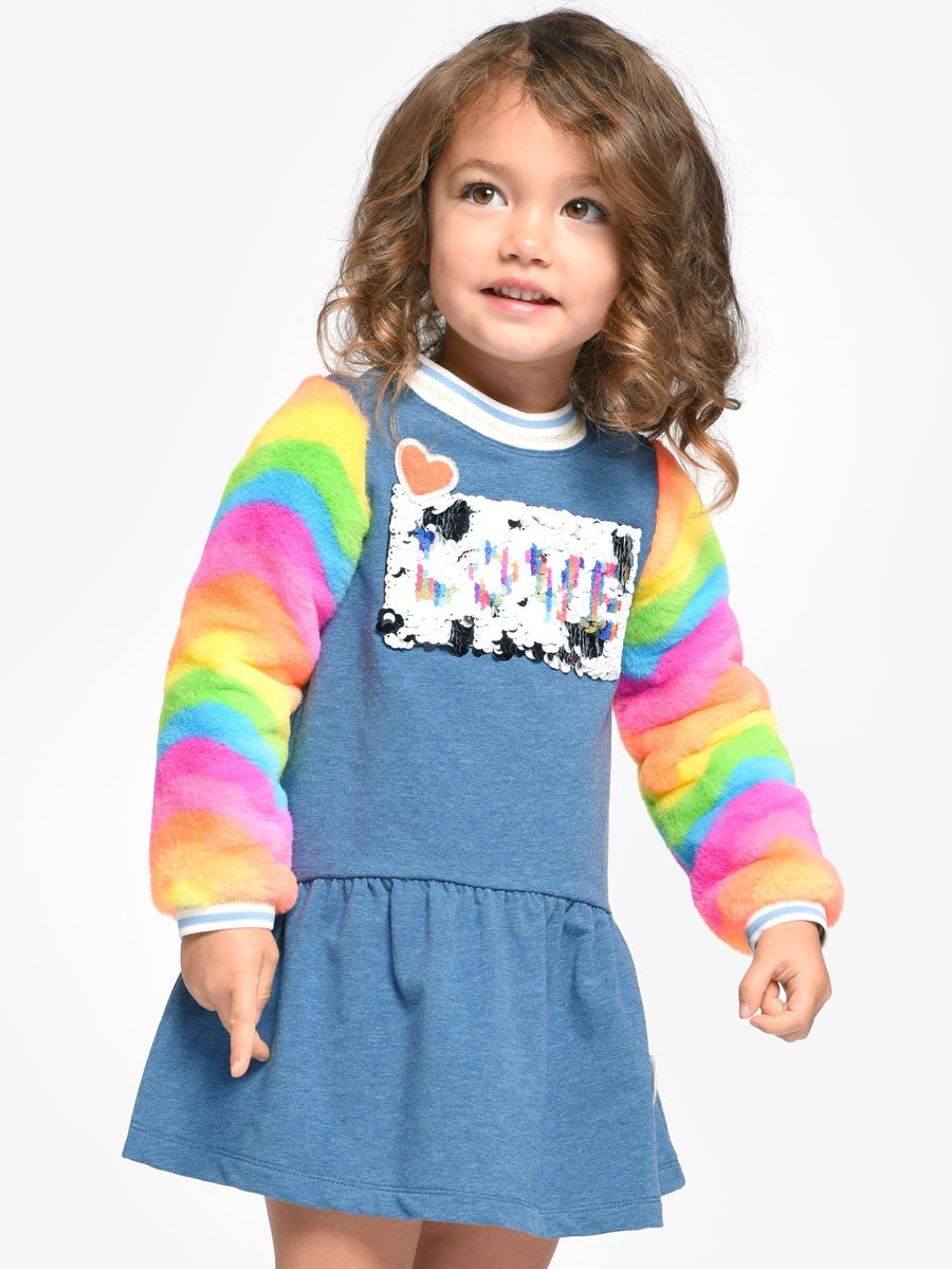 Rainbow Faux Fur Sleeve Dress With Sequins