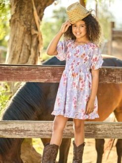 Floral Print Peasant Style Dress Lavender