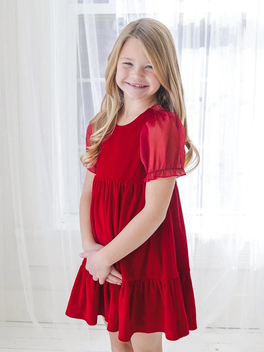 Noella Red Velvet Organza Short Sleeve Dress - Image 2