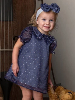 Majesty Blue Organza & Sparkling Knit Dress For Toddlers
