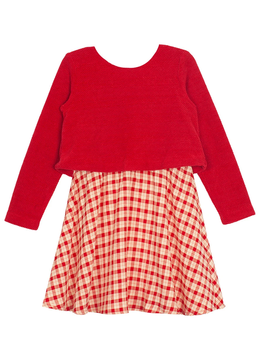 Red Plaid Attached Sweater Chenille Dress - Image 4
