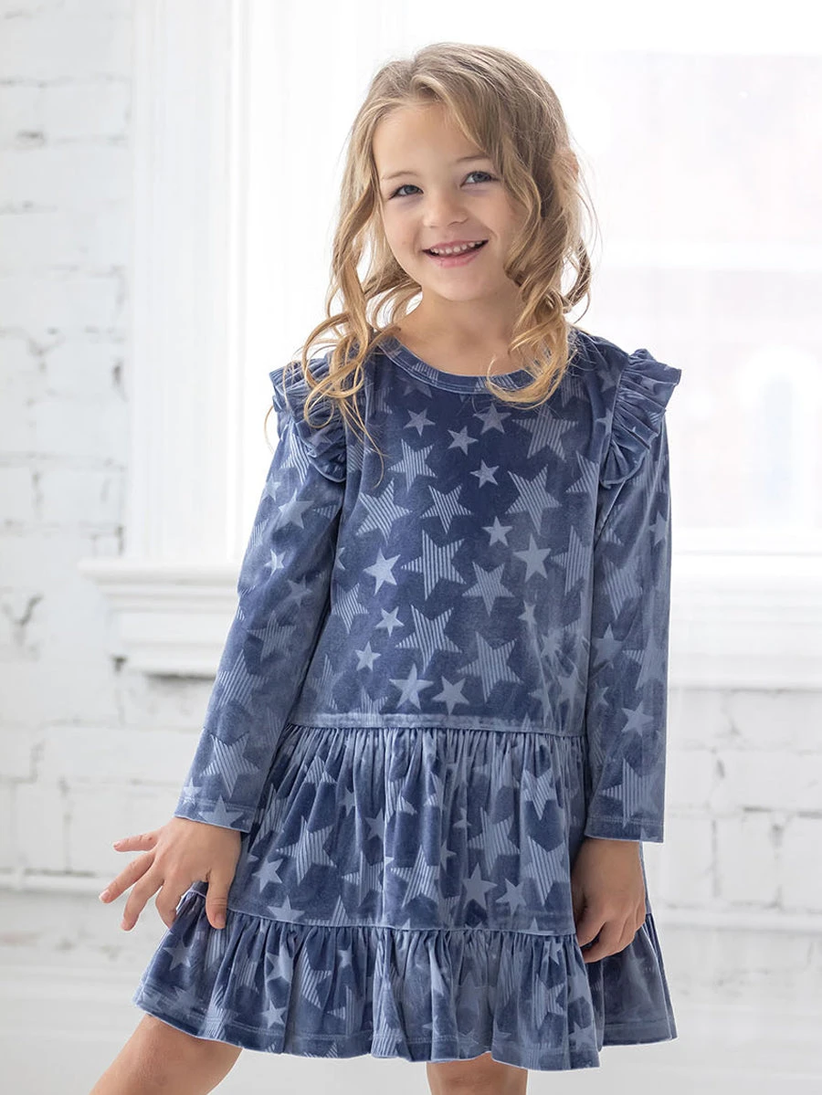 Star Bella Blue Tiered Velvet Dress