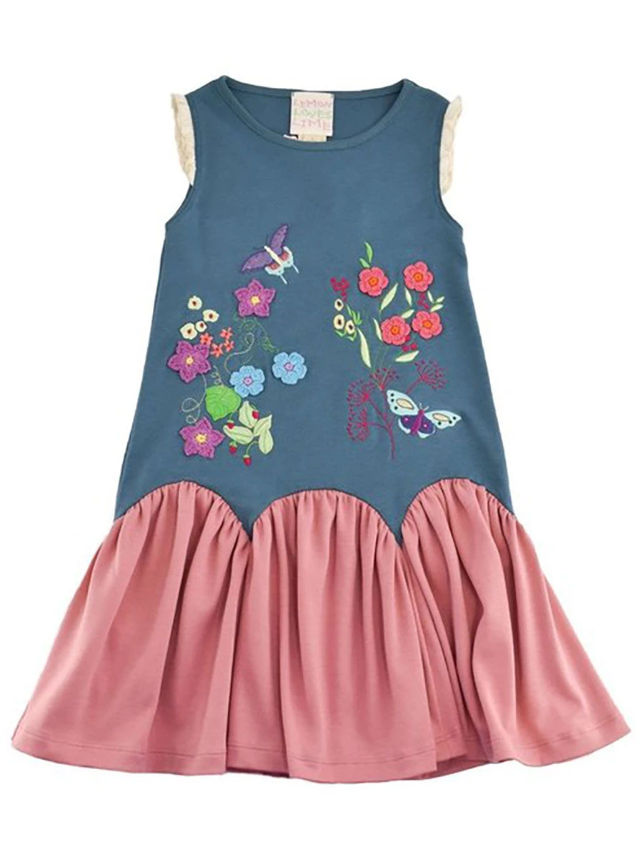 Girls Floral Garden Passion Blue And Pink Dress - Image 3