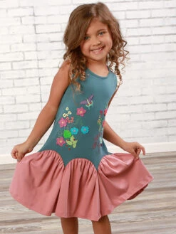Girls Floral Garden Passion Blue And Pink Dress