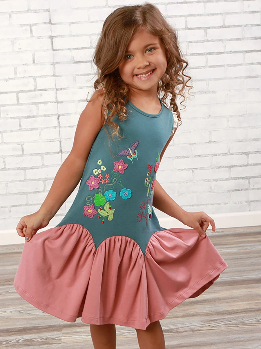 Girls Floral Garden Passion Blue And Pink Dress