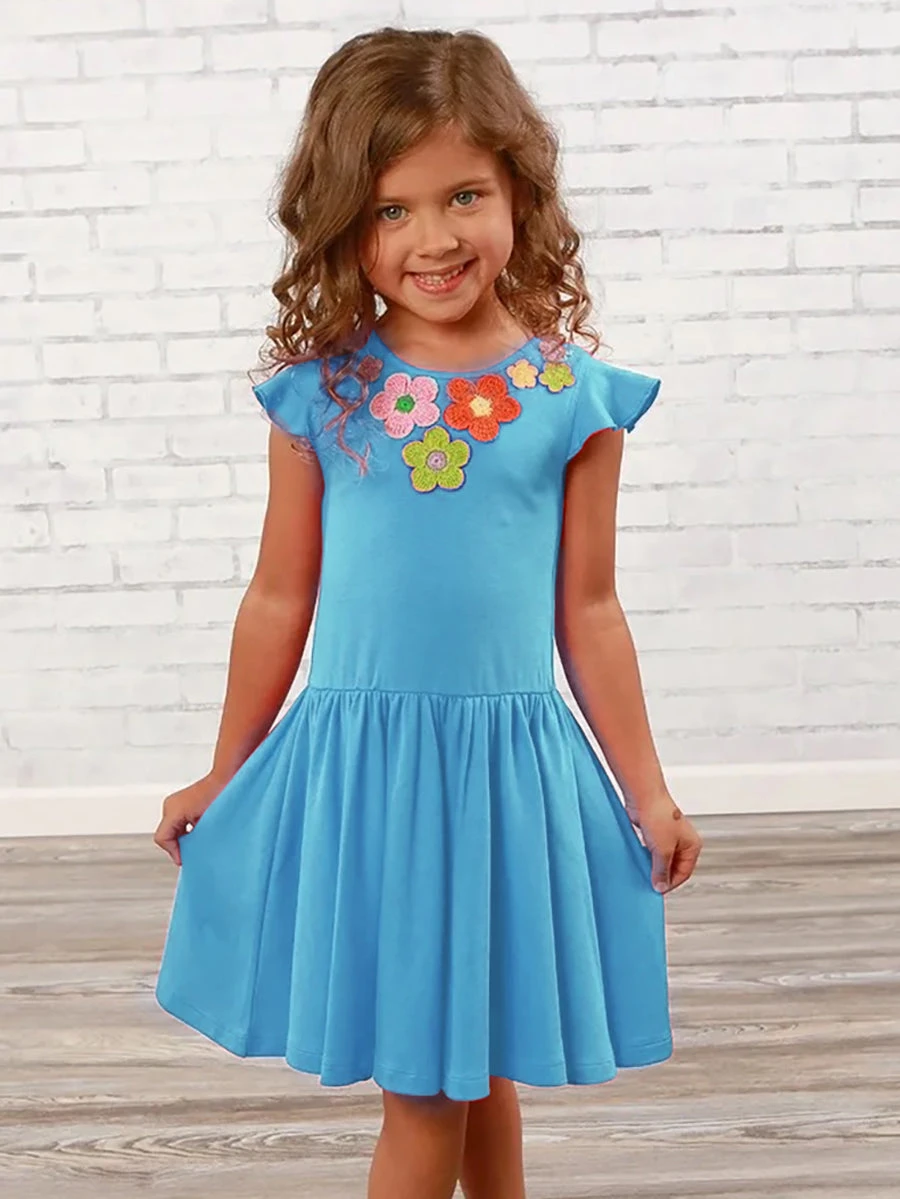 Floral Appliqué Day Dress For Girls