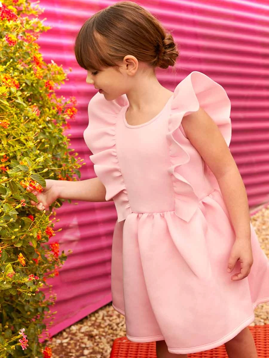 Girls Ruffle-Front Pink Scuba Dress - Image 3