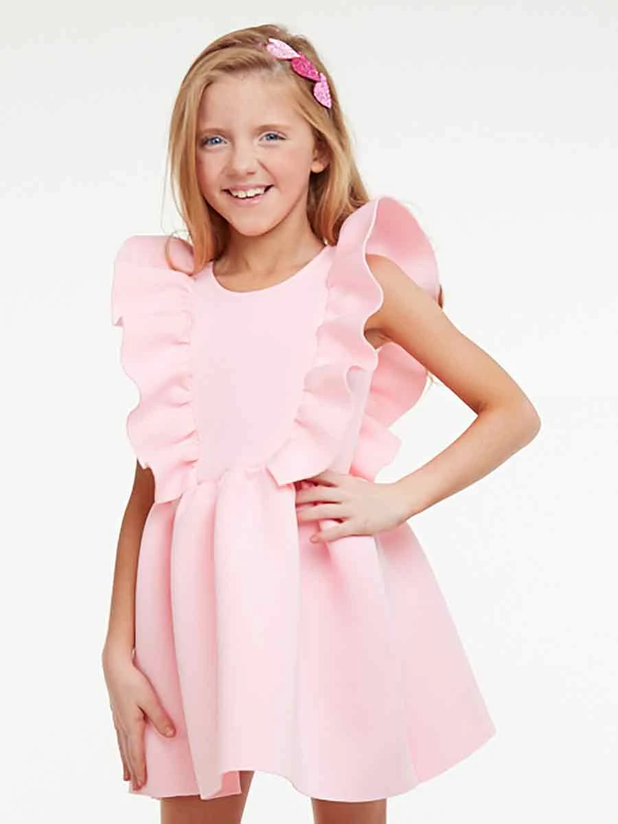 Girls Ruffle-Front Pink Scuba Dress - Image 4