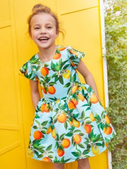Orange Floral Print Party Dress For Girls