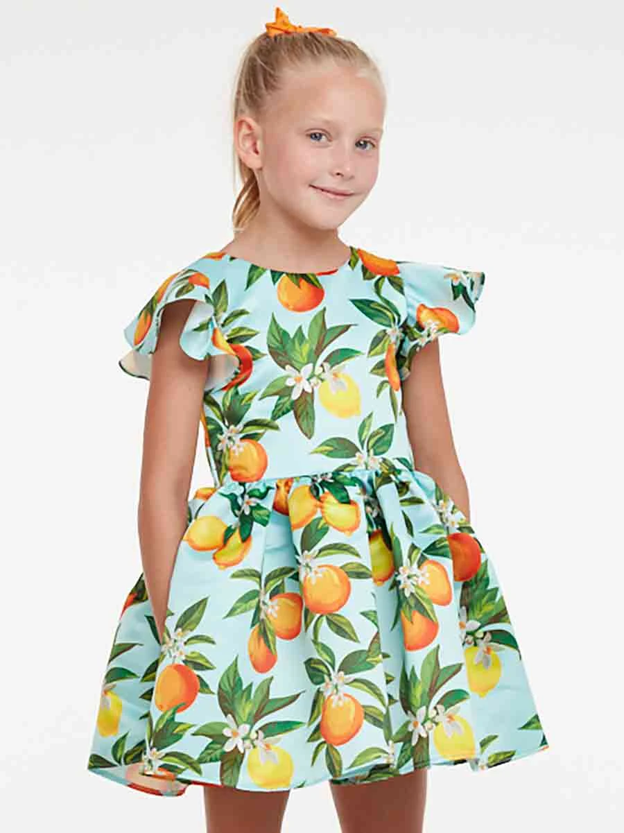 Orange Floral Print Party Dress For Girls - Image 3