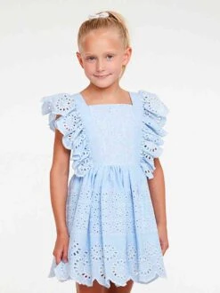 Girls Blue Embroidered Eyelet Ruffle Dress