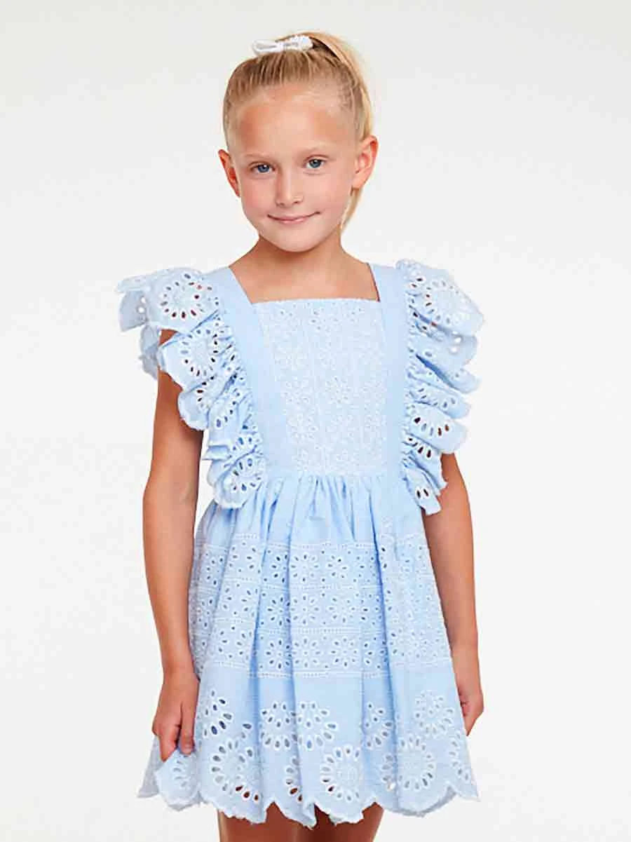 Girls Blue Embroidered Eyelet Ruffle Dress