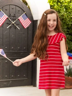 Red Stripe Ruffle Collar Dress For Girls