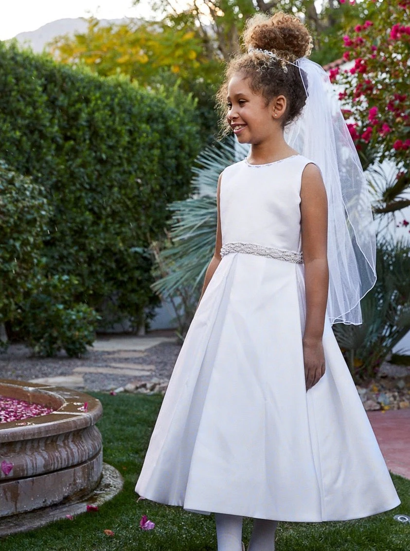Girls Satin Jewel & Bows White Communion / Flower Girl Dress - Image 3