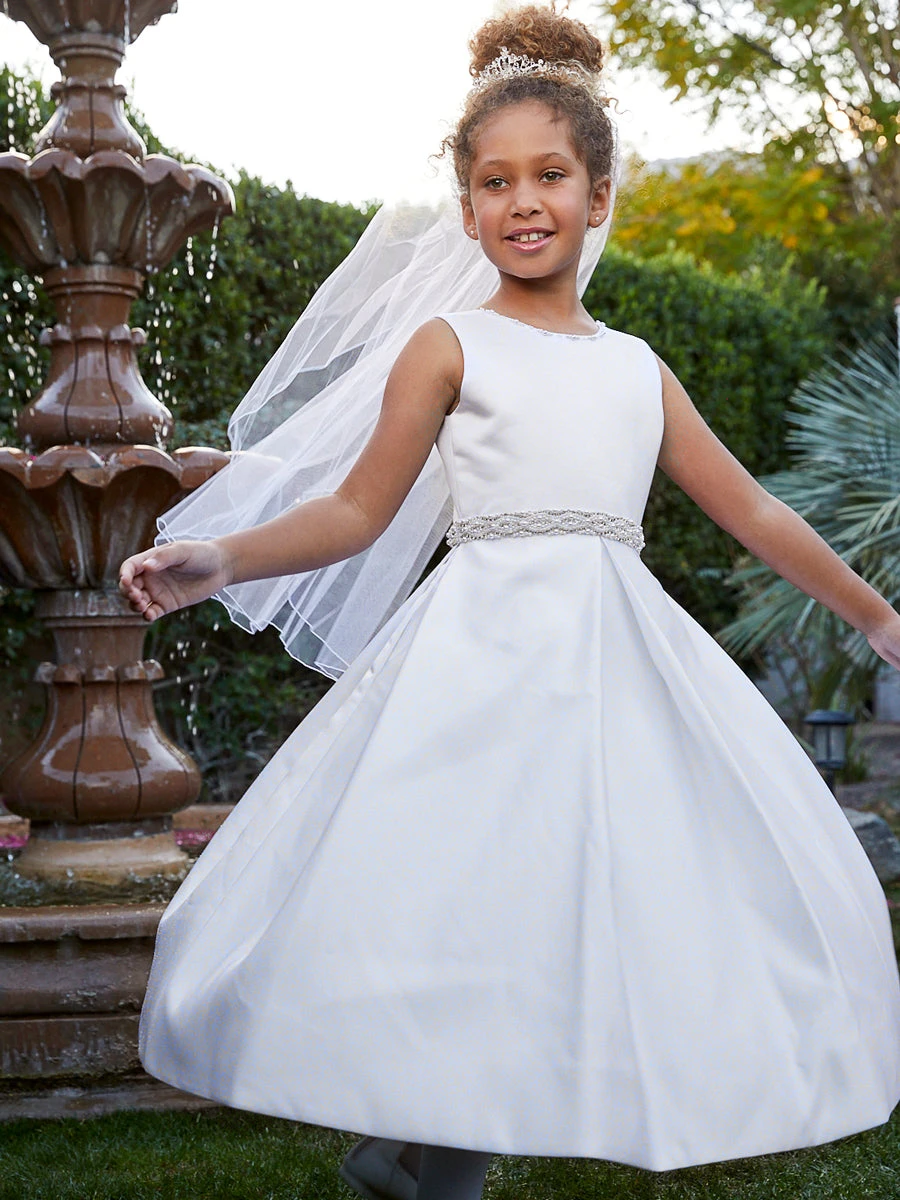 Girls Satin Jewel & Bows White Communion / Flower Girl Dress - Image 2