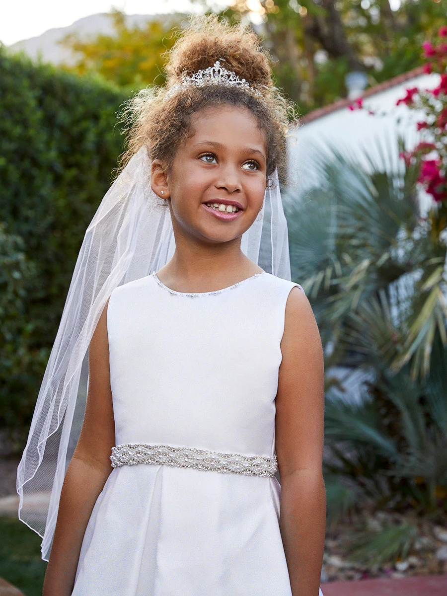 Girls Satin Jewel & Bows White Communion / Flower Girl Dress - Image 4