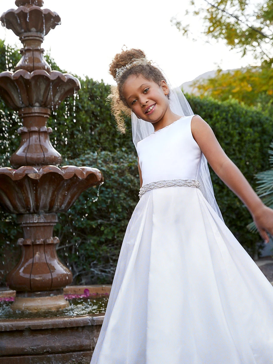 Girls Satin Jewel & Bows White Communion / Flower Girl Dress - Image 5