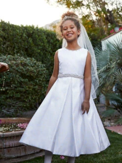 Girls Satin Jewel & Bows White Communion / Flower Girl Dress