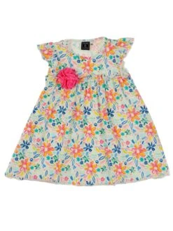 Summer Floral Knit Ruffle Yoke Dress For Girls