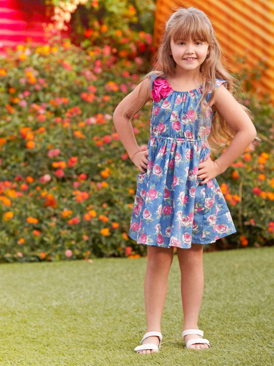 Rose Print Chambray Dress For Girls - Image 4