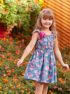 Rose Print Chambray Dress For Girls