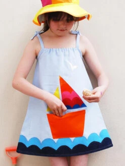 Blue Linen Sailing Sun Dress For Girls