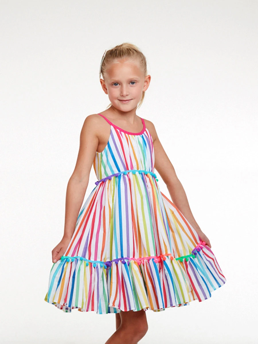 Rainbow Striped Pom-Pom Dress For Girls - Image 2