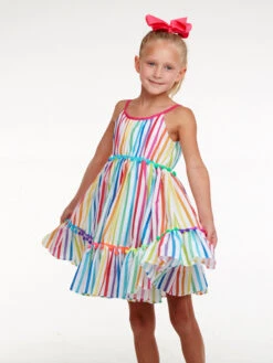 Rainbow Striped Pom-Pom Dress For Girls