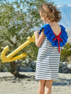 Striped Dress With Ruffle Collar For Girls