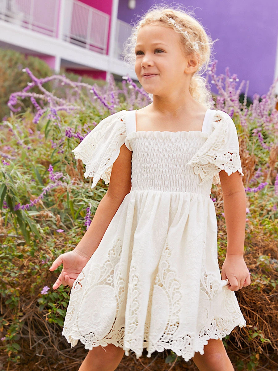 Handkerchief Sleeve Embroidered White Dress For Girls - Image 2
