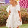 Handkerchief Sleeve Embroidered White Dress For Girls