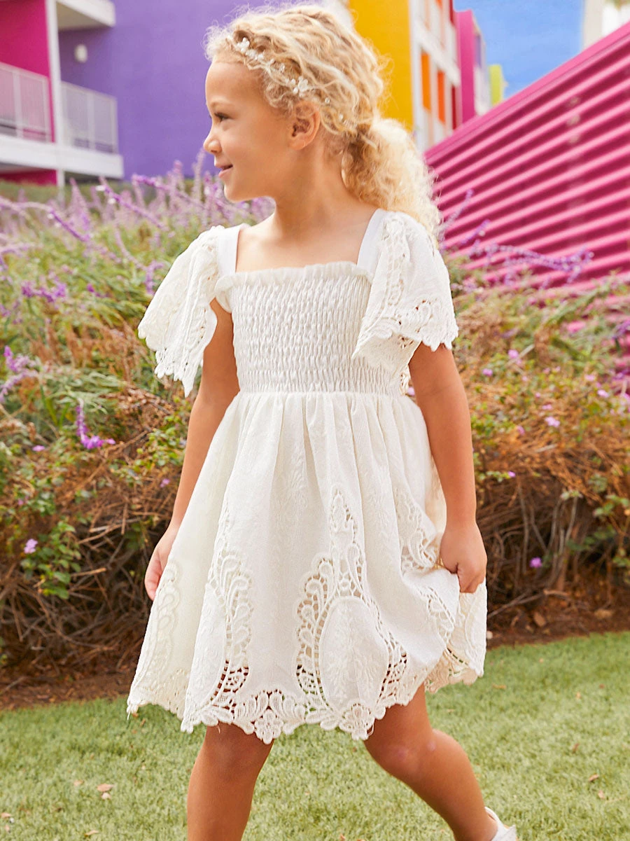 Handkerchief Sleeve Embroidered White Dress For Girls