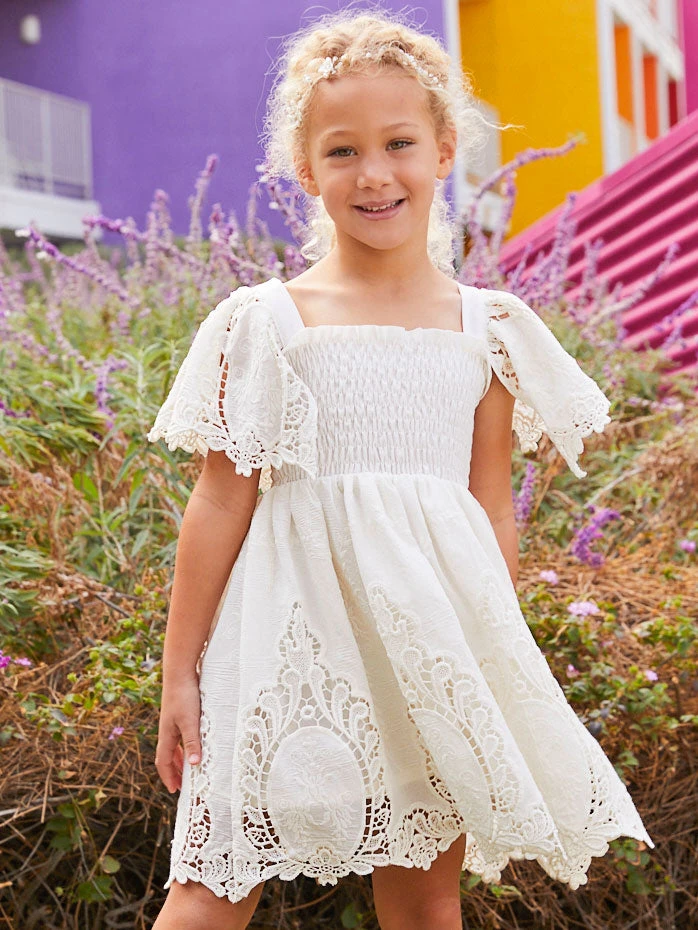 Handkerchief Sleeve Embroidered White Dress For Girls - Image 4