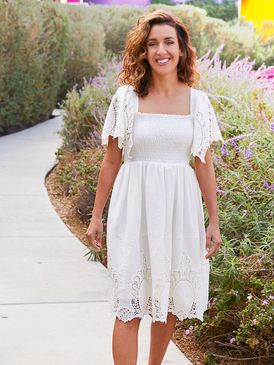 Handkerchief Sleeve White Embroidered Dress For Women - Image 5