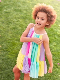 Rainbow Colorblock Mesh Circle Dress For Girls