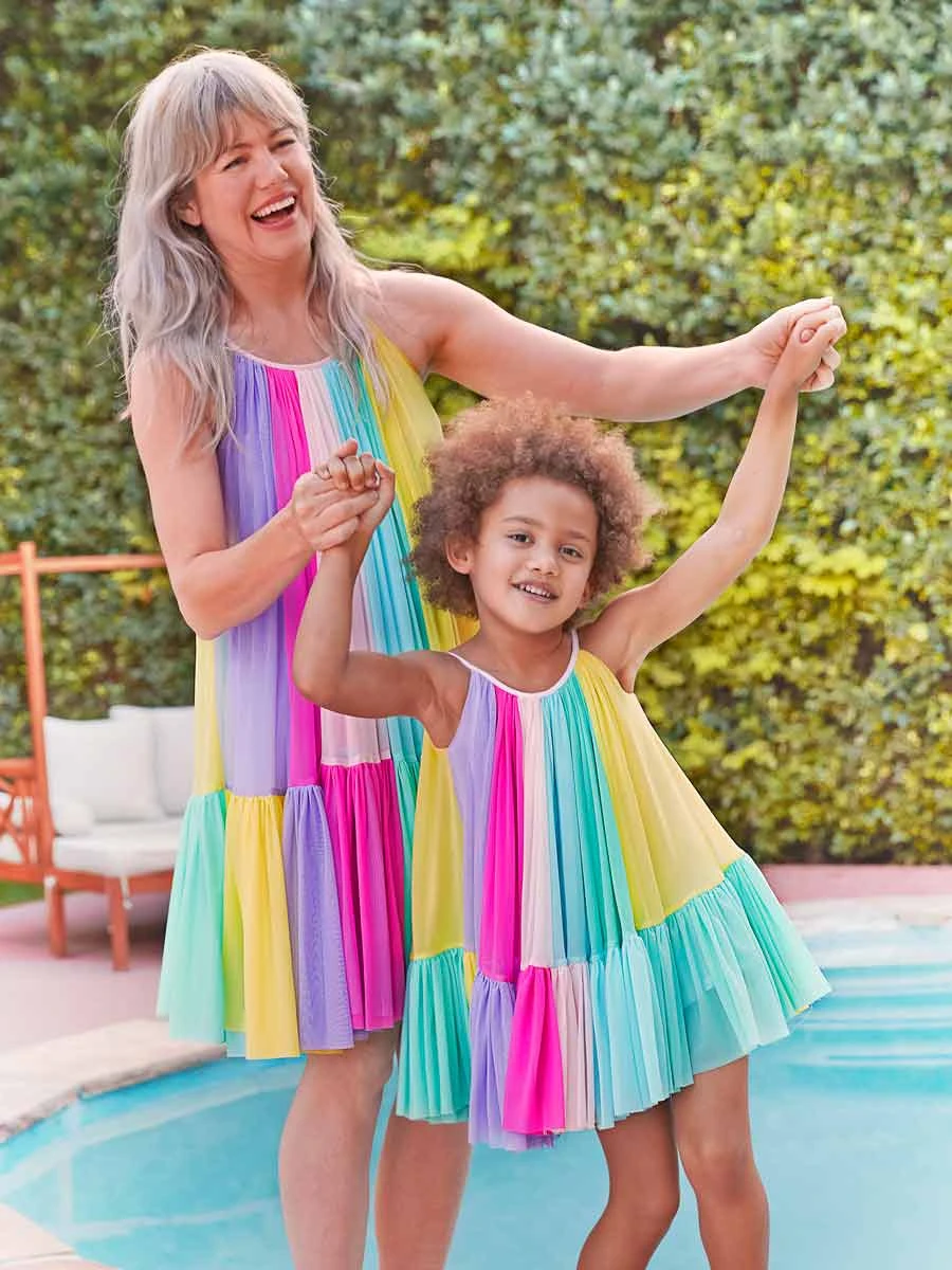 Rainbow Colorblock Mesh Circle Dress For Girls - Image 6