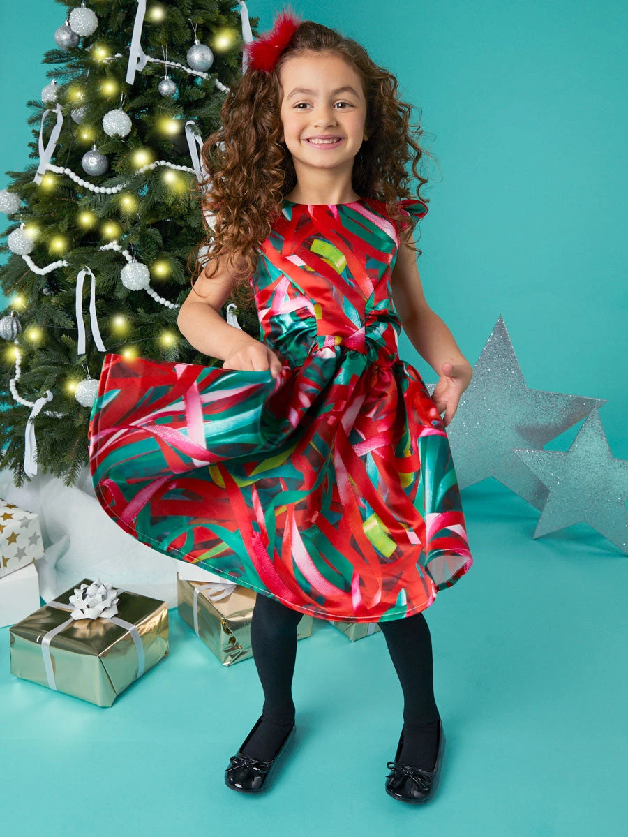 Scattered Ribbon Print Holiday Dress For Girls - Image 2