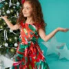 Scattered Ribbon Print Holiday Dress For Girls