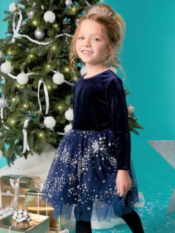 Sequin Star Velvet And Tulle Dress For Girls