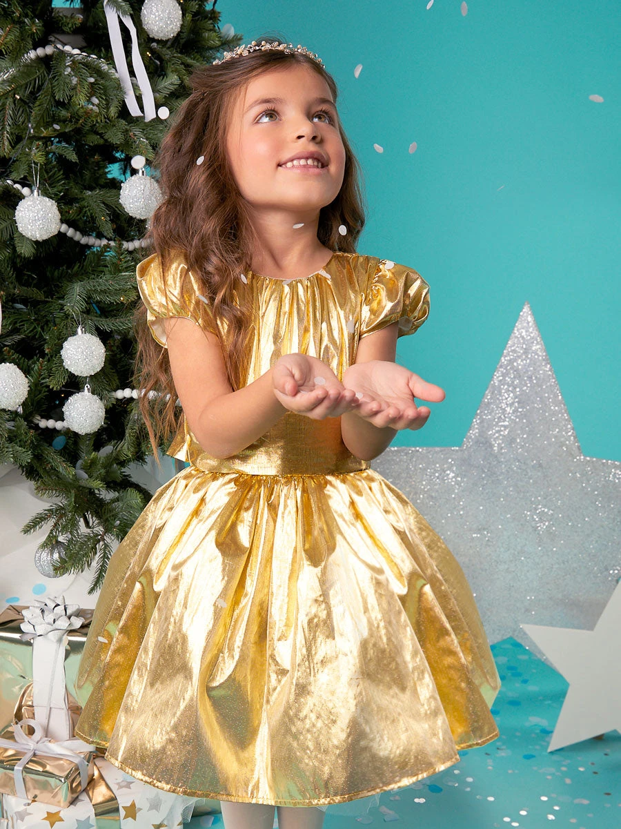 Gold Puff Sleeve Dress For Girls - Image 2
