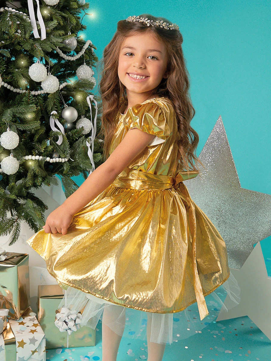 Gold Puff Sleeve Dress For Girls - Image 3