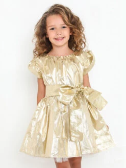 Gold Puff Sleeve Dress For Girls