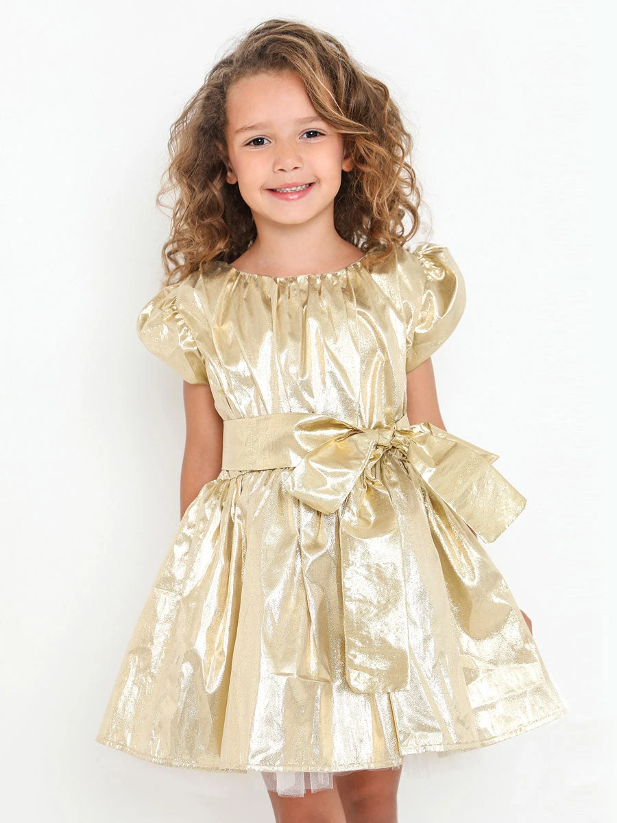 Gold Puff Sleeve Dress For Girls
